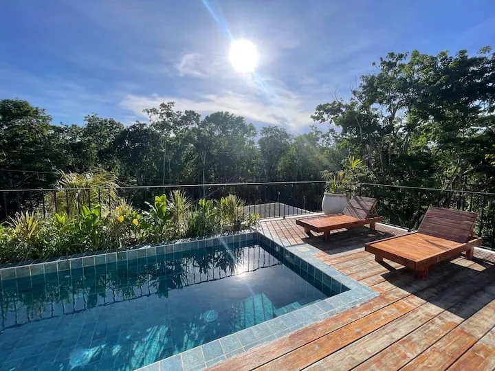 Alberca en azotea Casa Dalida con vista a la selva y área de estar